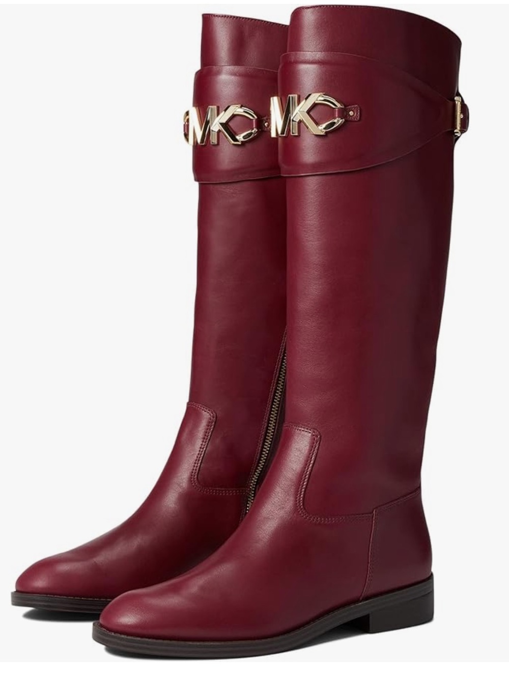 Michael Kors Izzy Tall Leather Riding Boots Dark Berry Color with Gold MK Accent